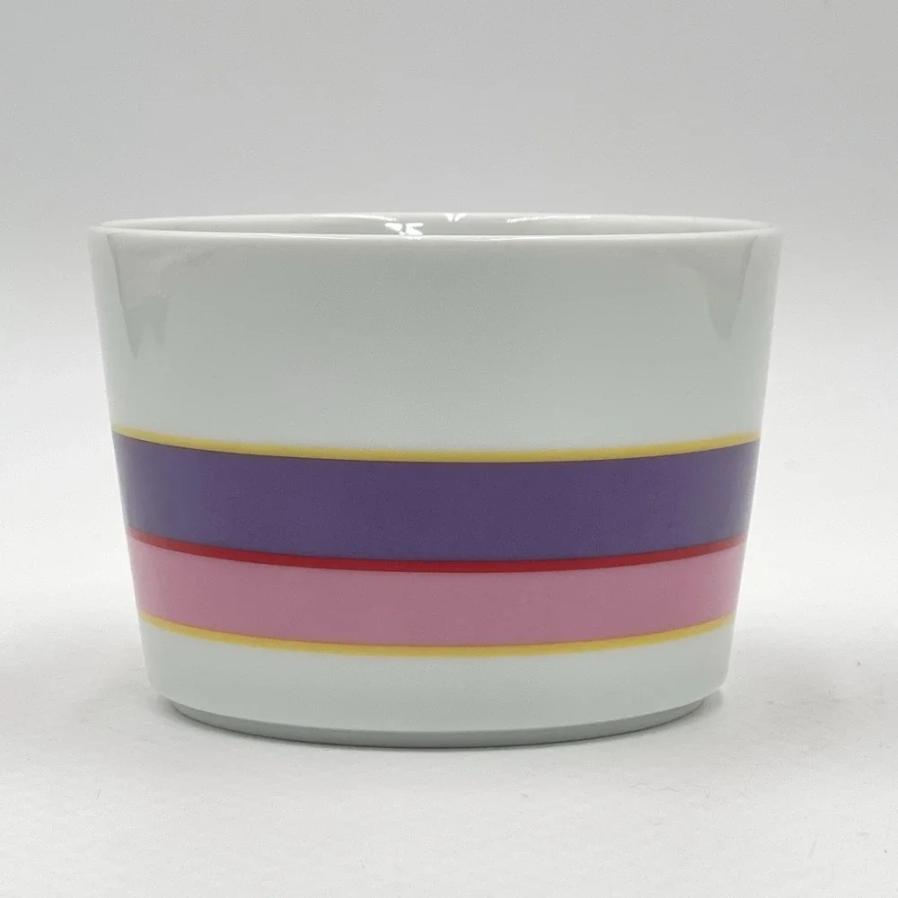 Vintage 1980s FTDA Ceramic Cylinder Vase Purple Pink White Stripes